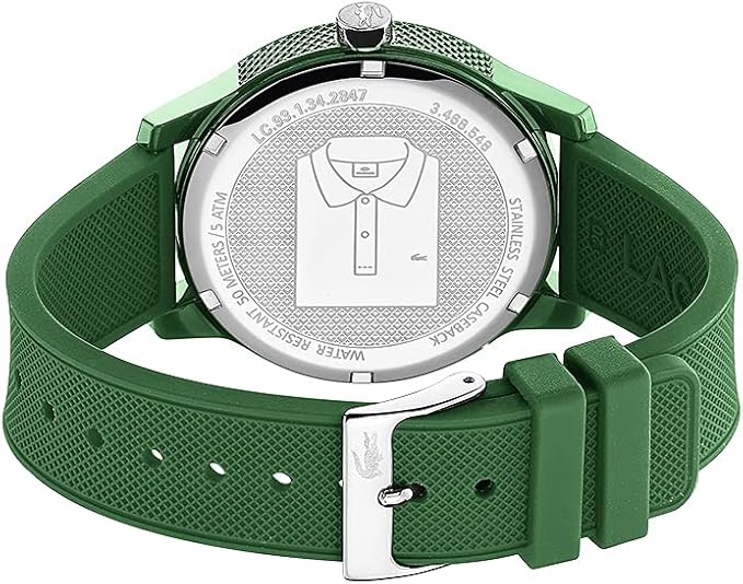 Lacoste watch caseback showing Lacoste polo logo and watch specifications