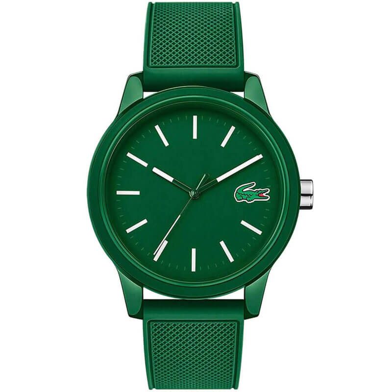 Lacoste 43mm green rubber watch with white dial markers and crocodile logo