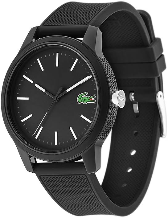 Lacoste black men's watch shown at angle displaying strap and side crown detail