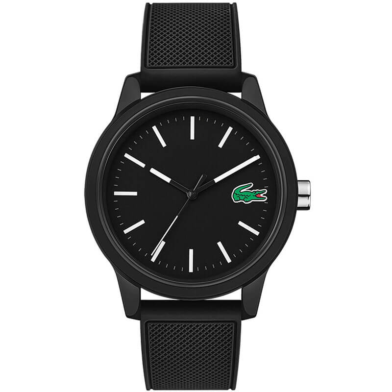 Lacoste black men's watch with silicone strap, black dial, white markers, and green crocodile logo