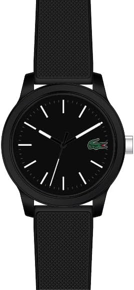 Lacoste black men's watch worn on wrist with silicone strap and white hour markers