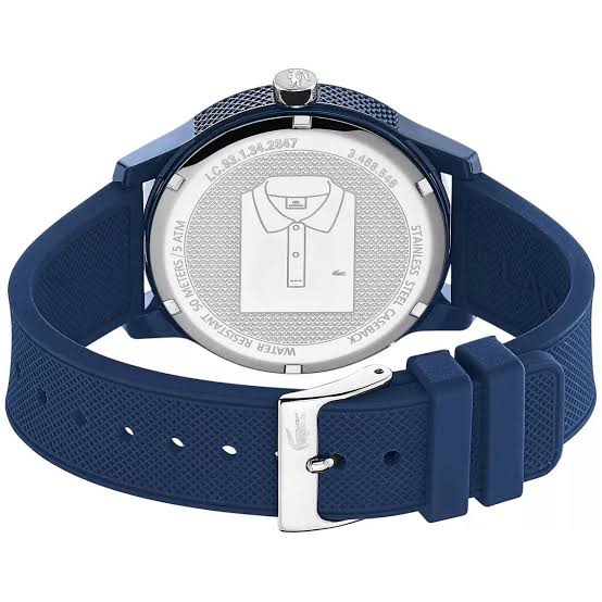 Lacoste 2010987 watch caseback showing silver engraved design and blue silicone strap