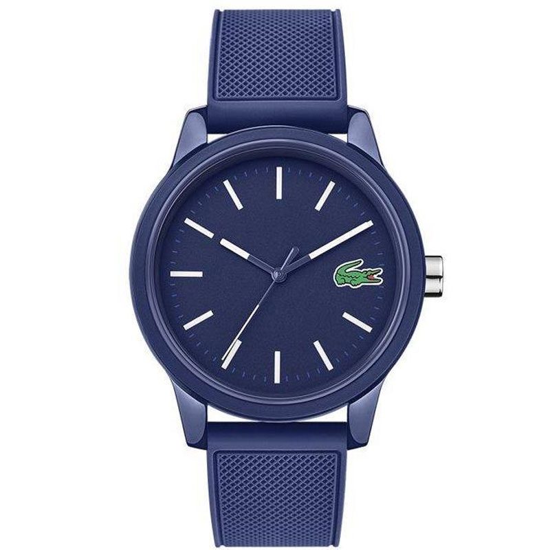Lacoste 2010987 quartz men's watch with blue dial, white hour markers, and blue silicone strap