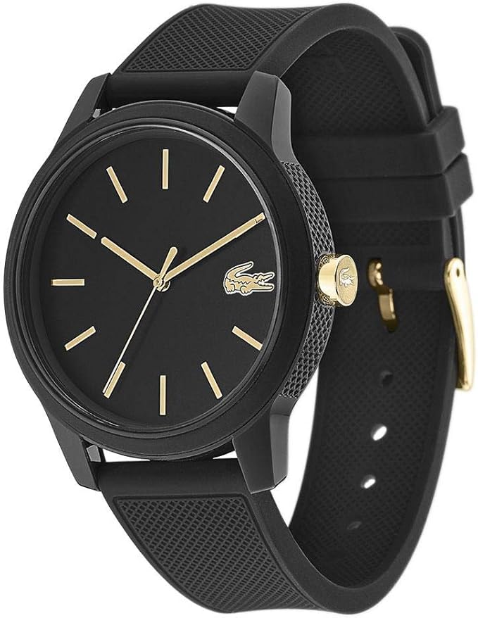 Lacoste watch 2011010 angled view showing black dial, rubber strap, and gold-tone accents