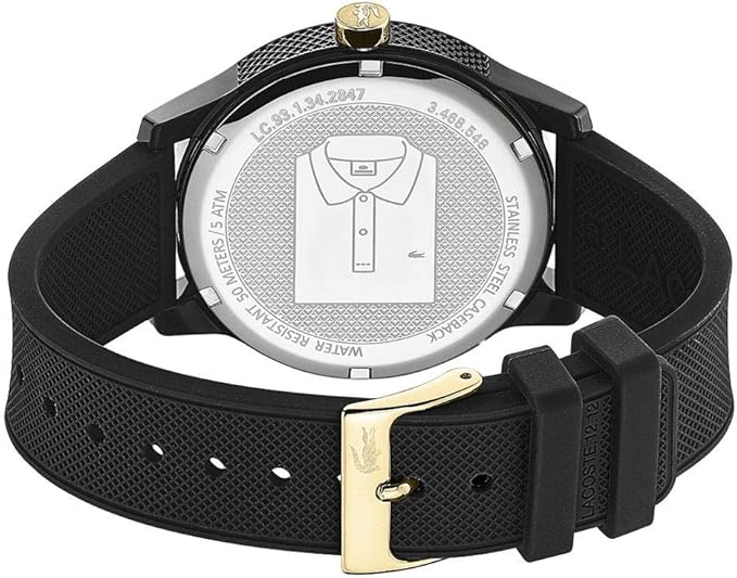 Lacoste watch caseback with Lacoste polo shirt engraving and specifications