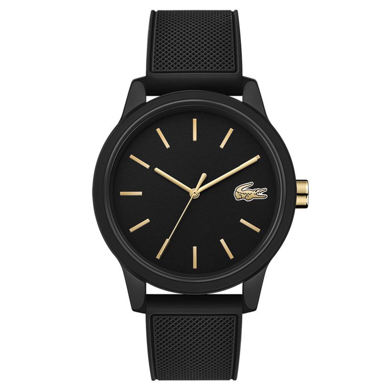 Lacoste black analog watch with gold-tone hands and hour markers, rubber strap