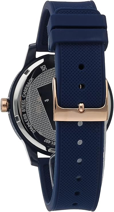Side view showing navy silicone strap with rose gold-tone buckle and case profile of Lacoste watch