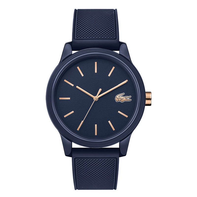 Lacoste men's watch with navy silicone strap and dark blue dial with rose gold-tone indices