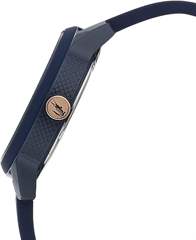Side profile of Lacoste watch with blue silicone strap and rose gold-tone case accents
