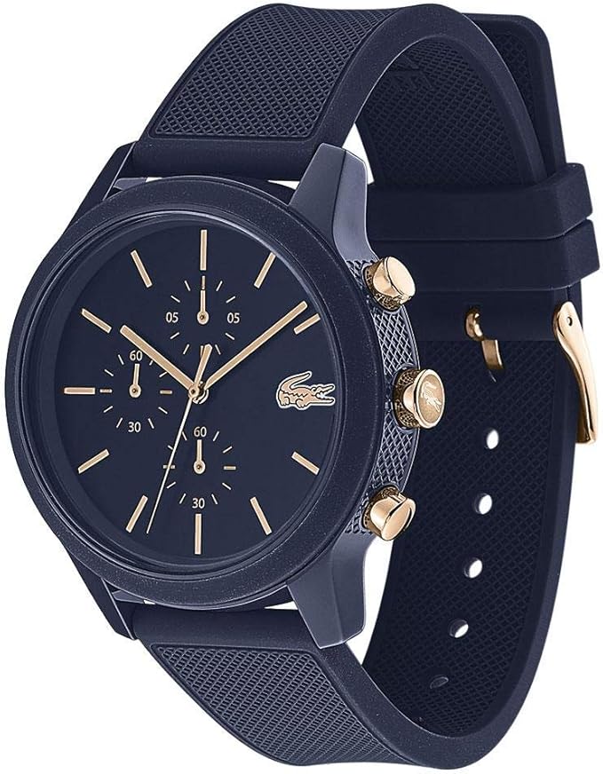 Lacoste 44mm blue chronograph watch with rubber strap and rose gold pushers on side
