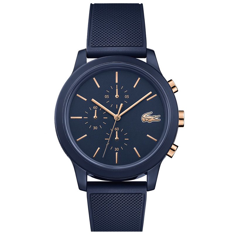 Lacoste 44mm blue quartz chronograph watch with blue rubber strap and rose gold hands
