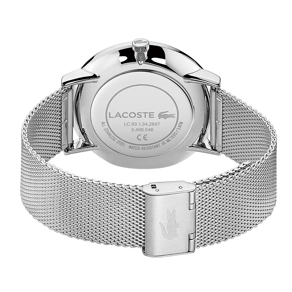 Lacoste watch caseback showing stainless steel mesh band and water resistance markings