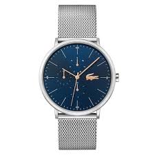 Lacoste 39mm silver mesh men's watch with navy blue dial and rose gold chronograph hands