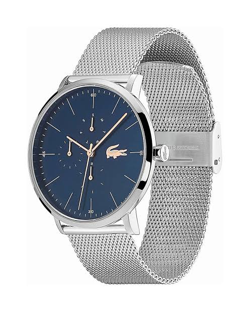Lacoste silver mesh chronograph watch on wrist, showing navy dial and rose gold accents