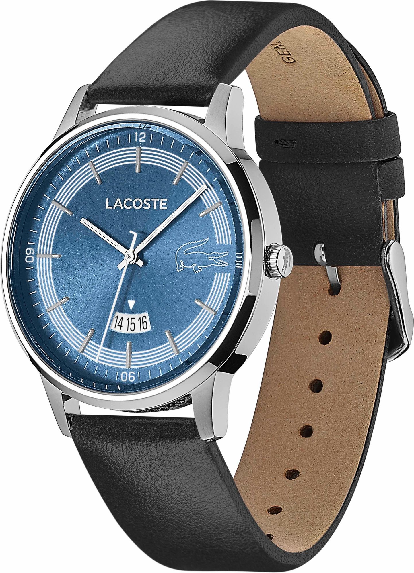 Lacoste watch with black leather strap and tan suede interior visible