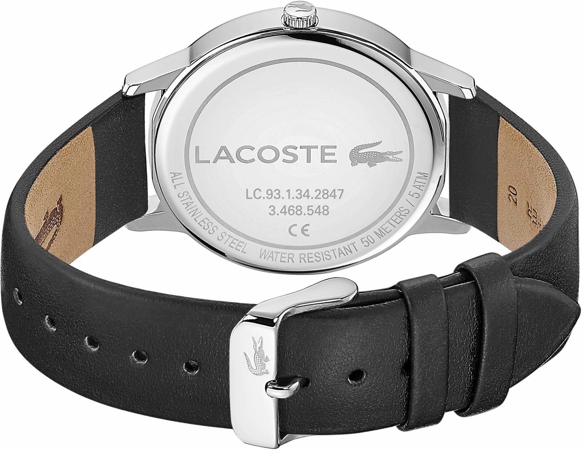 Lacoste watch caseback showing water resistant marking and model number LC.93.1.34.2847