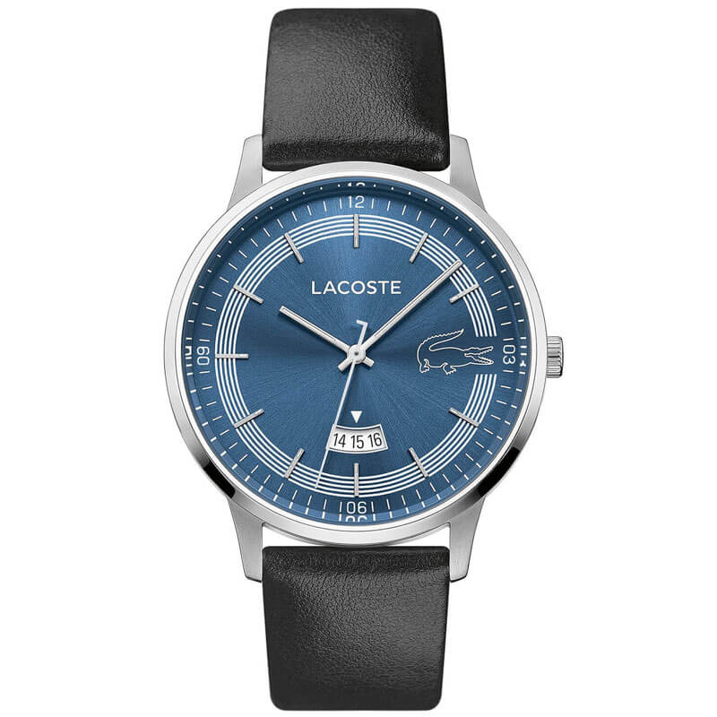 Lacoste 41mm men's watch with blue dial, silver case, and black leather strap