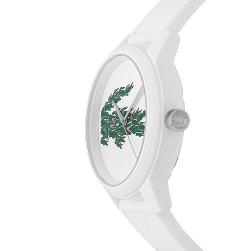 Lacoste white watch at angle showing case profile and green crocodile dial detail