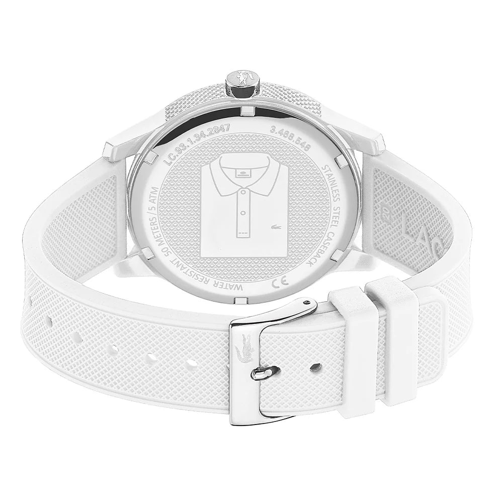 Lacoste watch rear view showing caseback design and white silicone strap with buckle