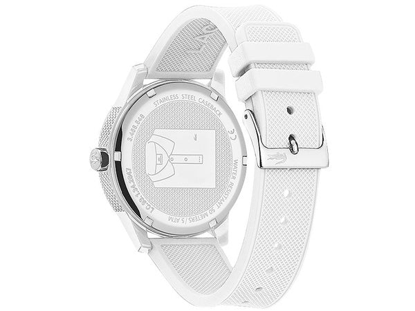 Lacoste watch caseback with engraved Lacoste logo and watch specifications