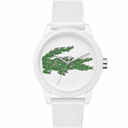Lacoste 42mm white watch with green crocodile logo dial and white silicone strap