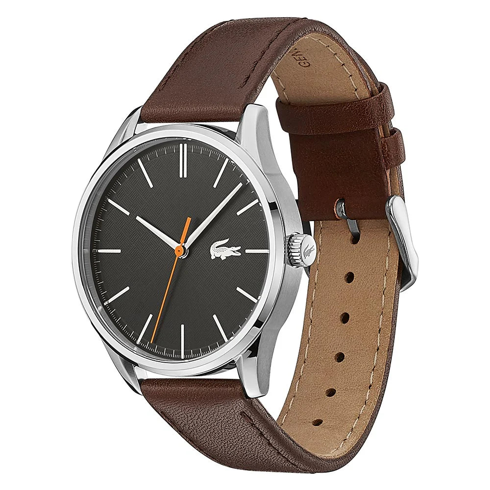 Lacoste 44mm chronograph watch on wrist, showcasing black dial and brown leather strap