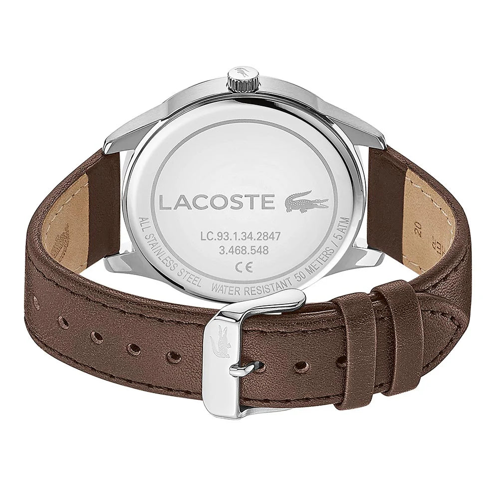 Lacoste watch caseback showing stainless steel with Lacoste logo and specifications