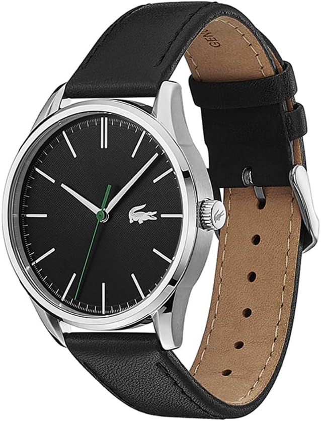 Lacoste watch displayed at angle showing silver case, black and tan leather strap, and black dial