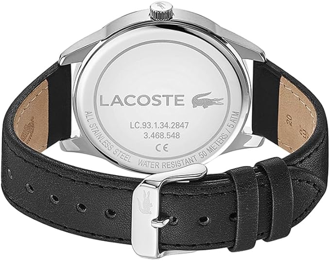 Lacoste caseback with engraved branding, reference number LC.93.1.34.2847, and water resistance marking
