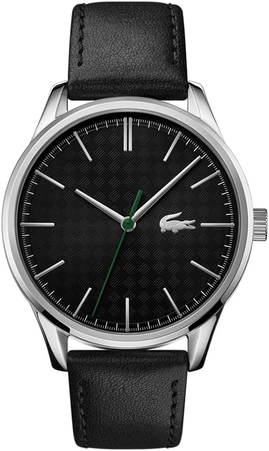 Lacoste chronograph men's watch with black dial, silver case, black leather strap, and green accents