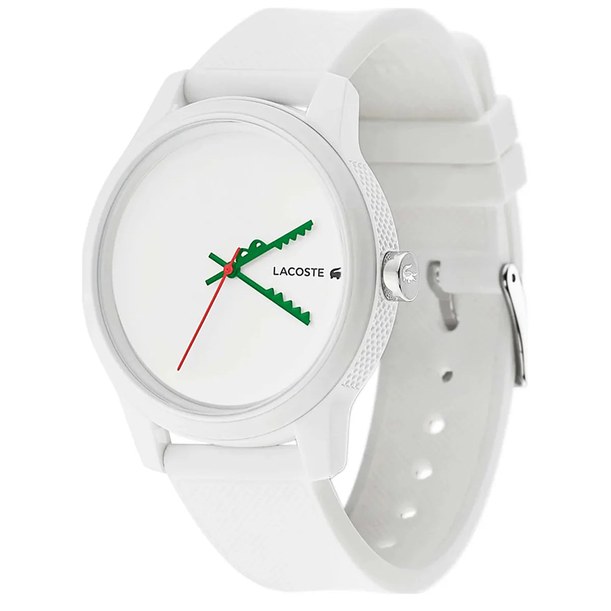Lacoste white watch displayed at three-quarter angle showing dial and white silicone band