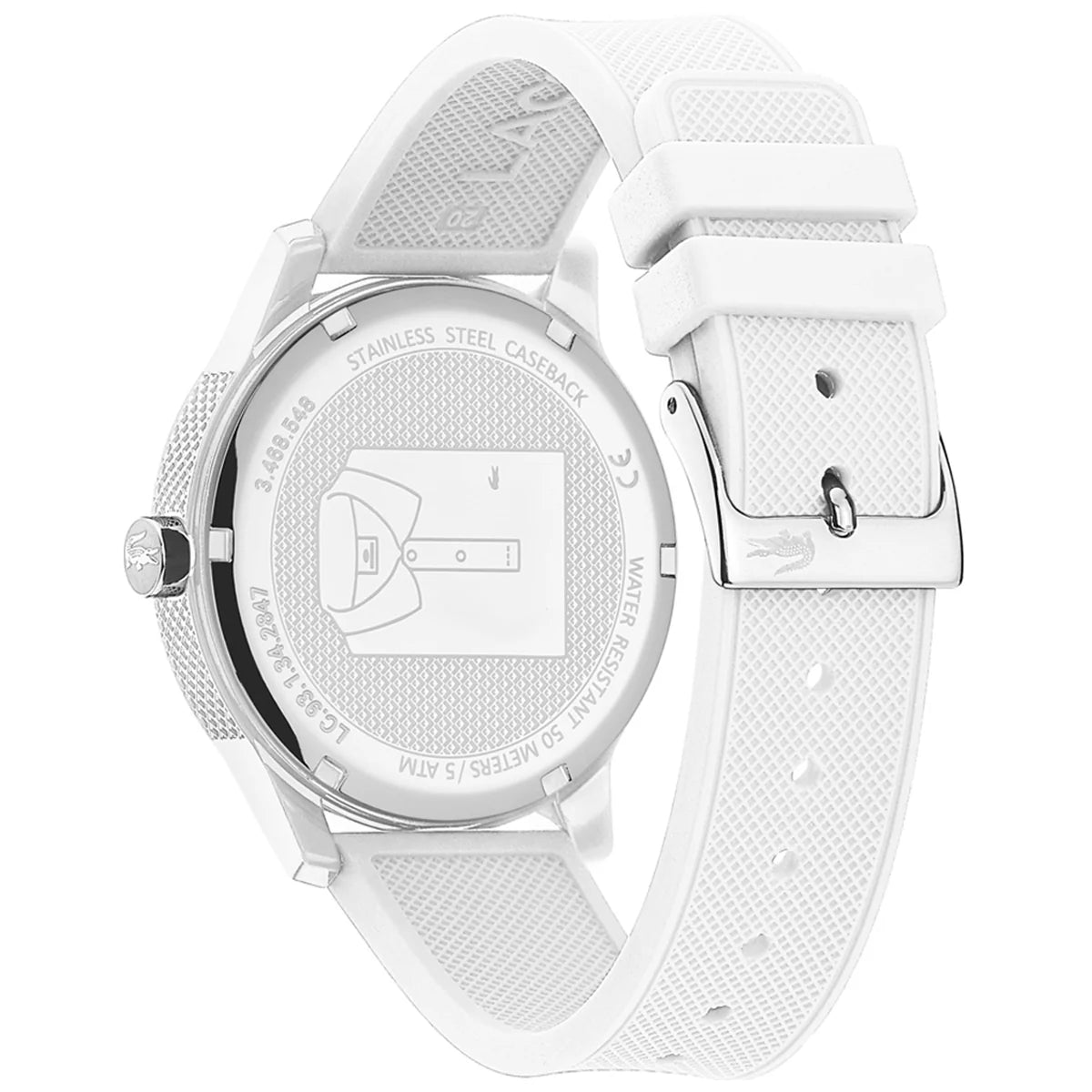 Lacoste watch caseback showing stainless steel case and crocodile logo