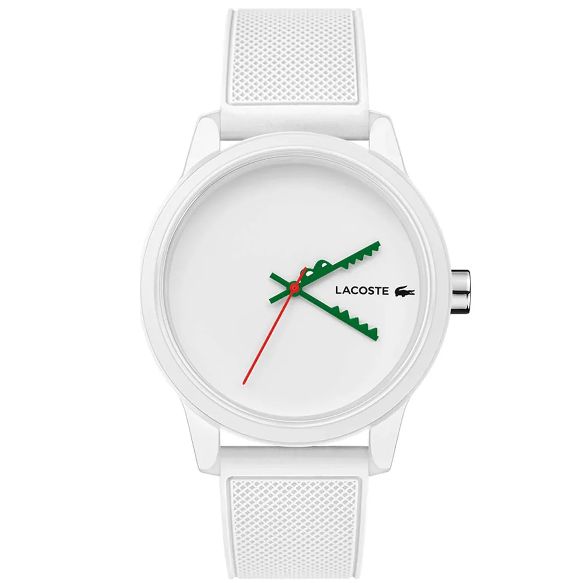 Lacoste white round dial men's watch with white silicone strap and green crocodile hands