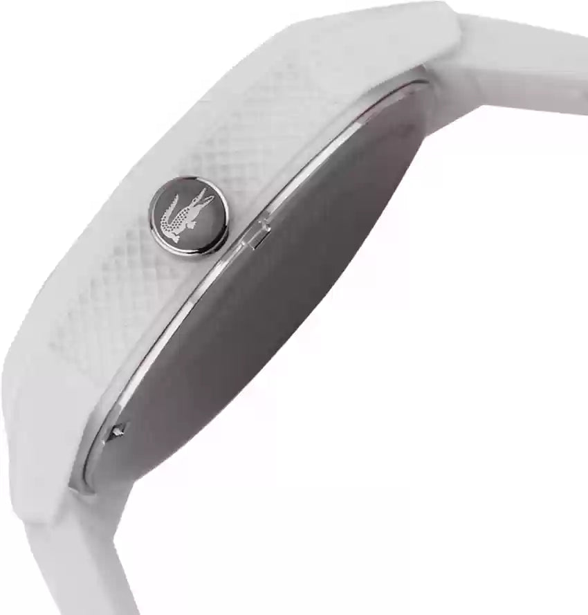 Side profile of Lacoste white watch showing strap and Lacoste crocodile logo on case