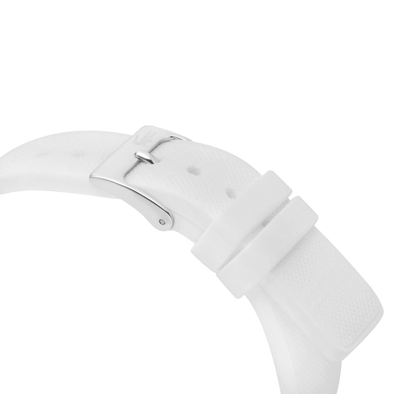 Lacoste watch silicone strap detail showing white textured band and buckle