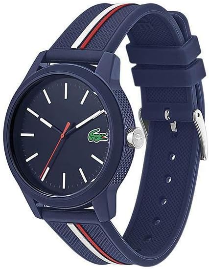 Lacoste 2011070 watch at angle showing full strap with blue, white, and red stripes