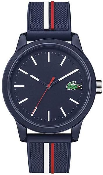 Lacoste blue quartz watch with white dial indices, red seconds hand, and tricolor stripe strap
