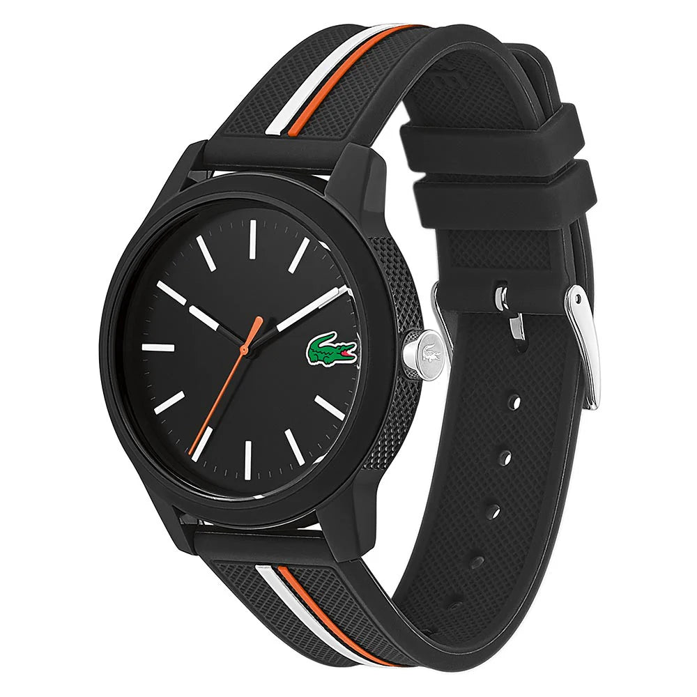 Lacoste 2011071 watch at an angle showing black case, dial, and striped silicone strap with adjustment holes