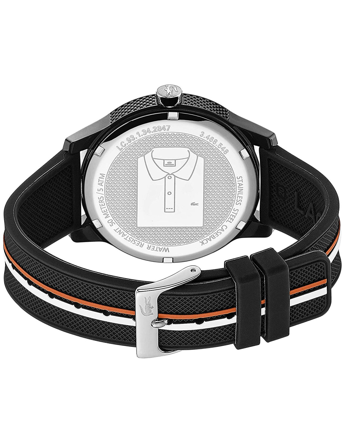 Lacoste 2011071 watch caseback showing engraved polo shirt design and specifications on reverse