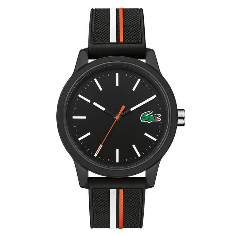 Lacoste men's watch with black dial, white hour markers, and black silicone strap with orange and white stripes
