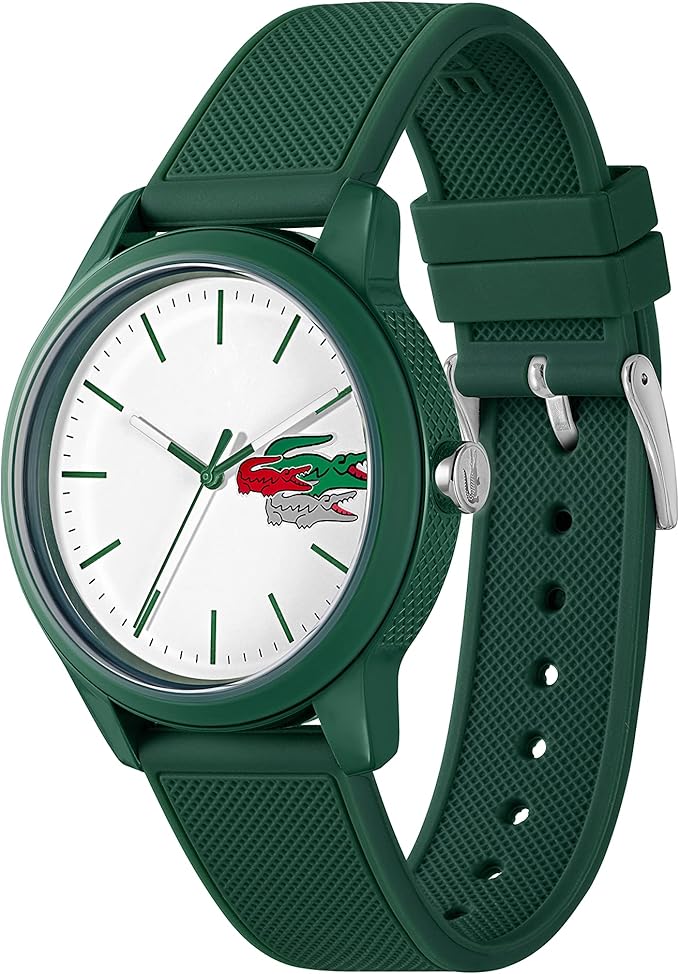 Lacoste watch shown at angle displaying green case, strap detail, and white dial