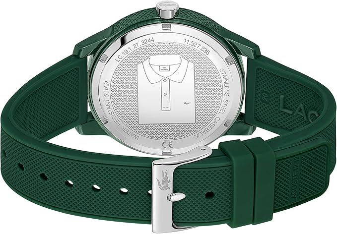Lacoste watch caseback showing silver back plate and polo shirt design detail