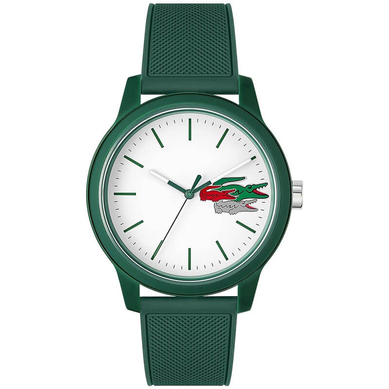 Lacoste analog men's watch with white dial, green case and green silicone strap