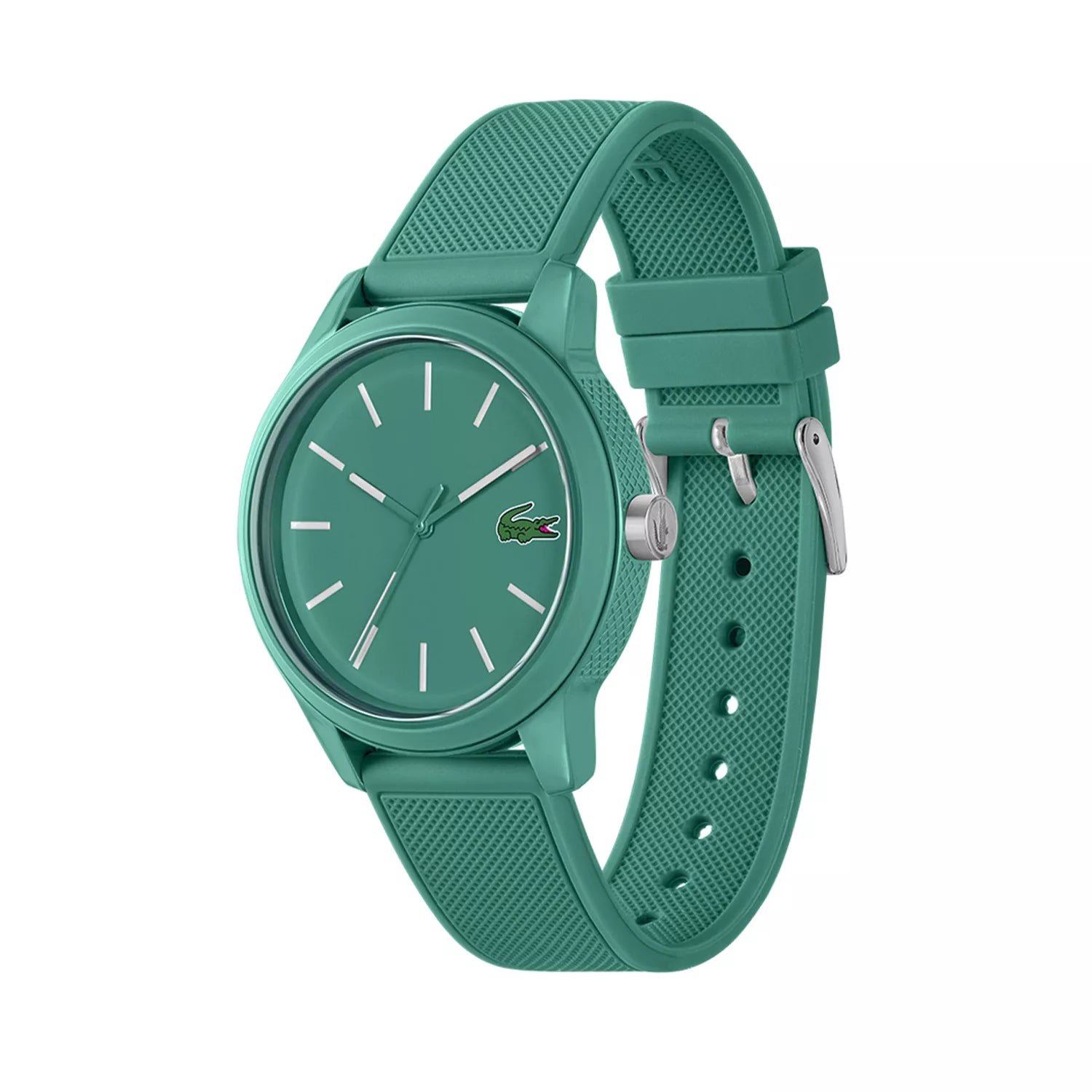 Lacoste 2011192 watch at side angle showing green silicone strap and dial