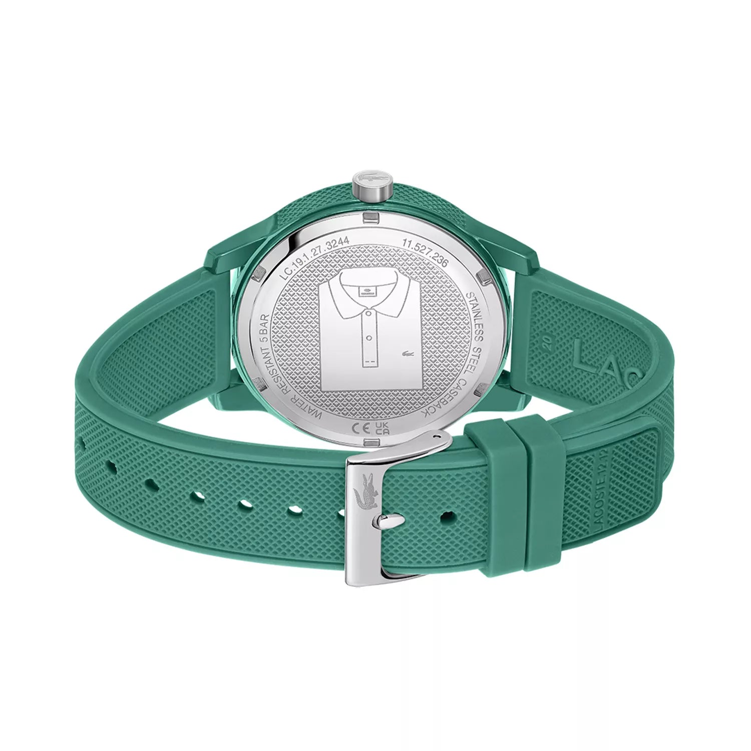 Lacoste 2011192 caseback detail with stainless steel and Lacoste logo engraving
