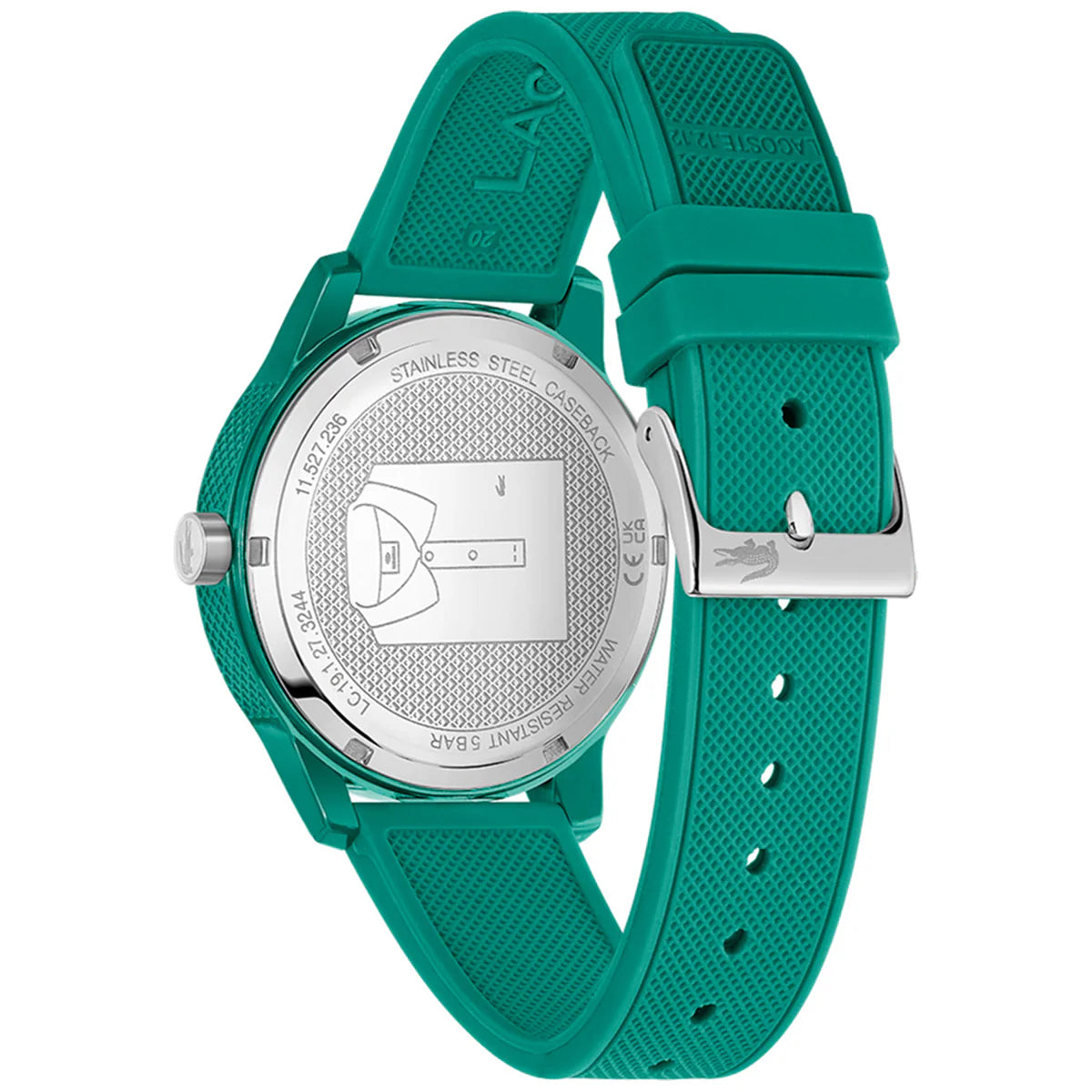 Lacoste 2011192 caseback showing stainless steel with engraved details and green strap