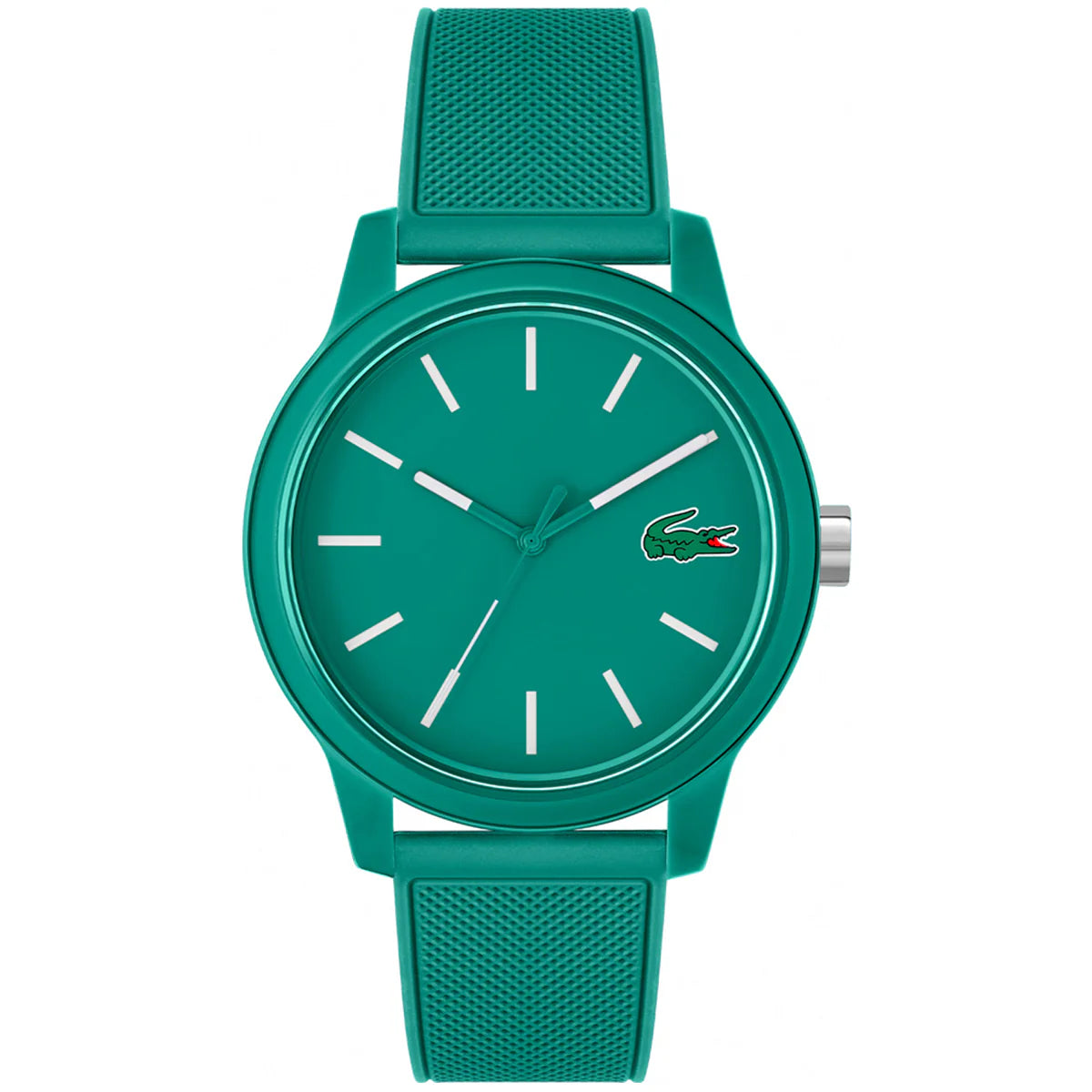Lacoste men's watch with green dial and green silicone strap, white bar indices, crocodile logo