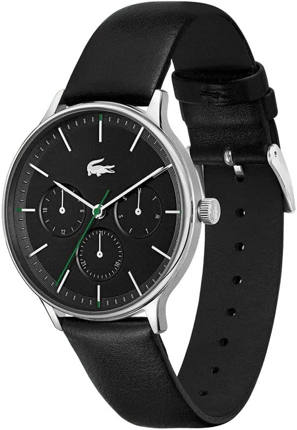 Lacoste multifunction watch angled view showing case and black leather strap