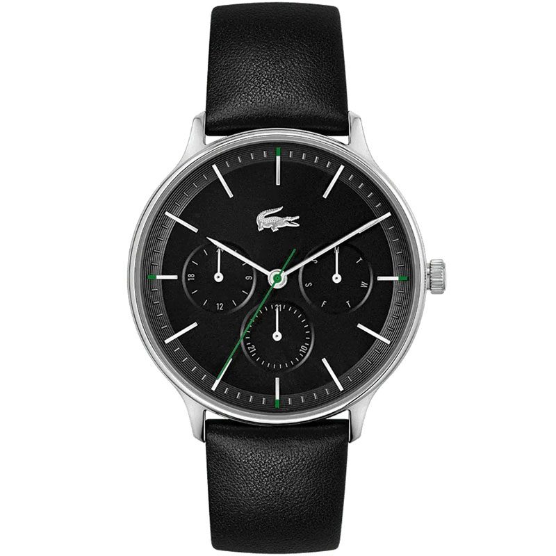 Lacoste black dial multifunction watch with black leather strap