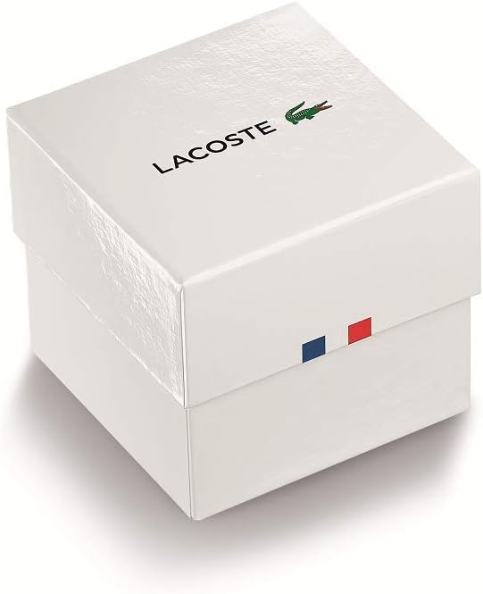 Lacoste watch presentation box with brand logo and flag details